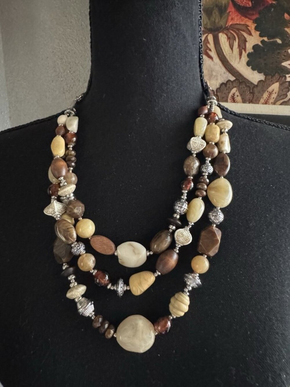 Premier Designs Multi Strand Neutrals Brown Tan Stone Beaded Necklace Adjustable